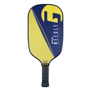 Front view of a blue and yellow pickleball paddle with GAMMA NEEDLE text and a large yellow G graphic.