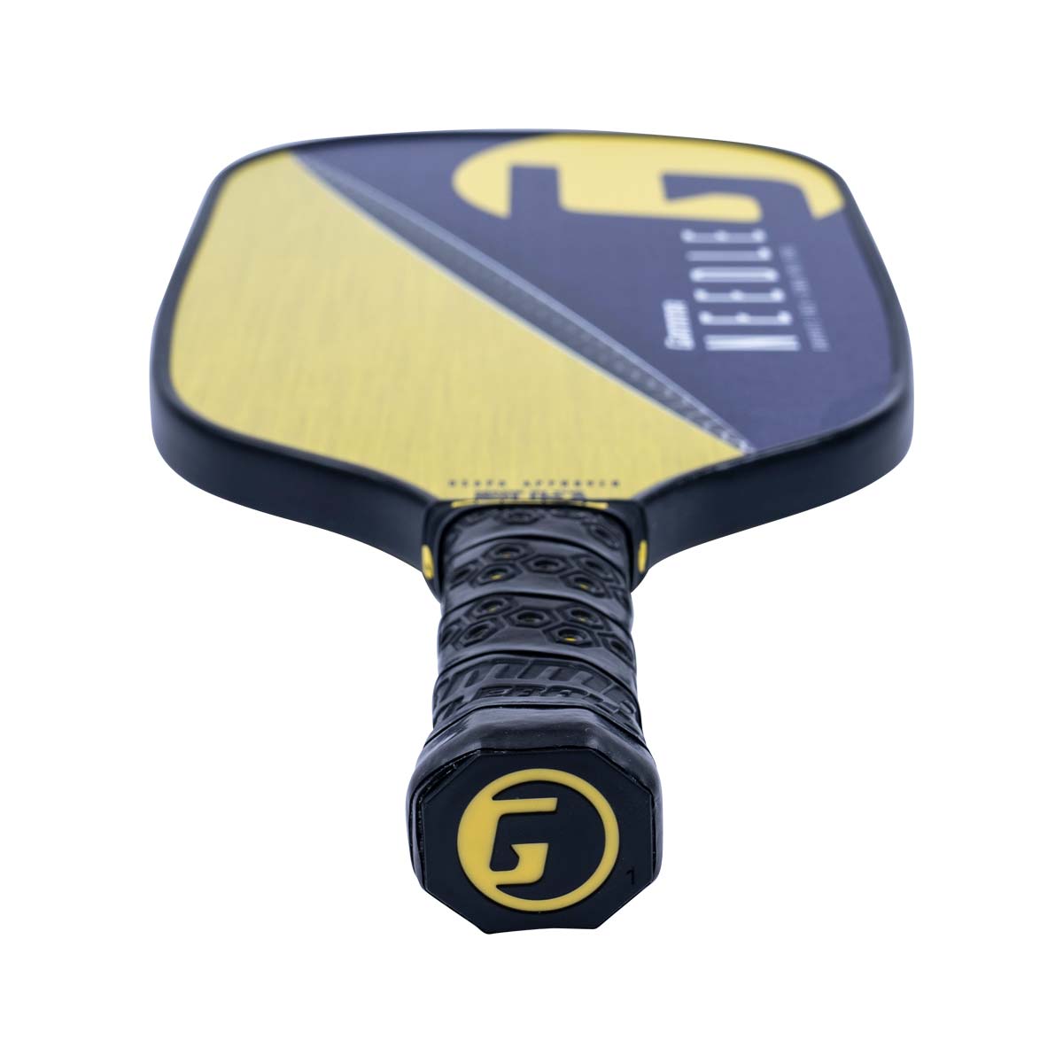 Top-down view of a black and yellow GAMMA Needle pickleball paddle with a textured grip and G logo.