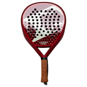 Front view of a red padel racket with a white and grey design, featuring black holes and "GAMMA PADEL" text.