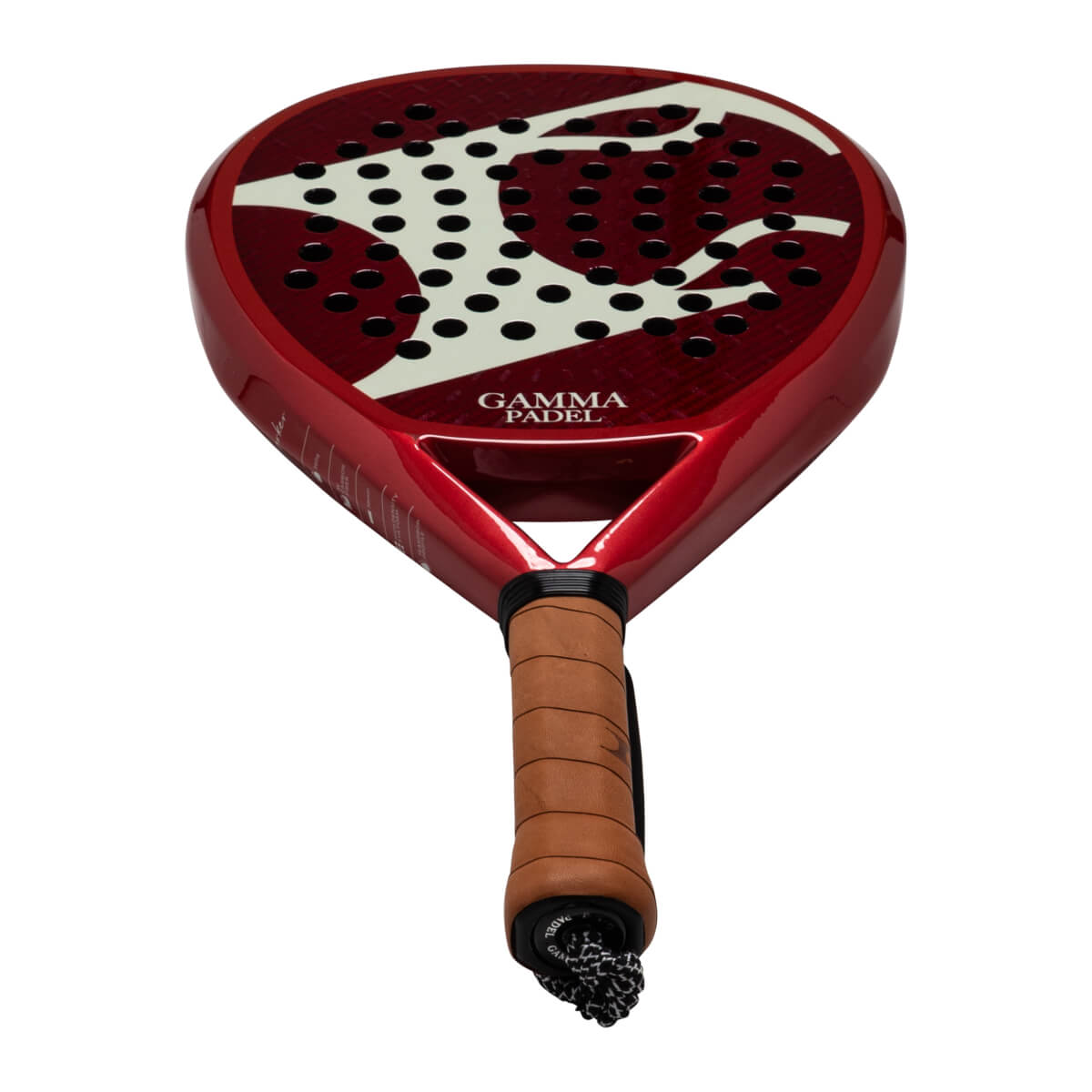 Front view of a red GAMMA PADEL racket with a white abstract design and black grip.