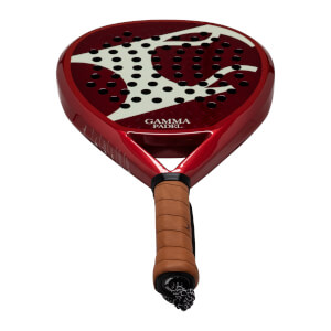 Front view of a red GAMMA PADEL racket with a white abstract design and black grip.