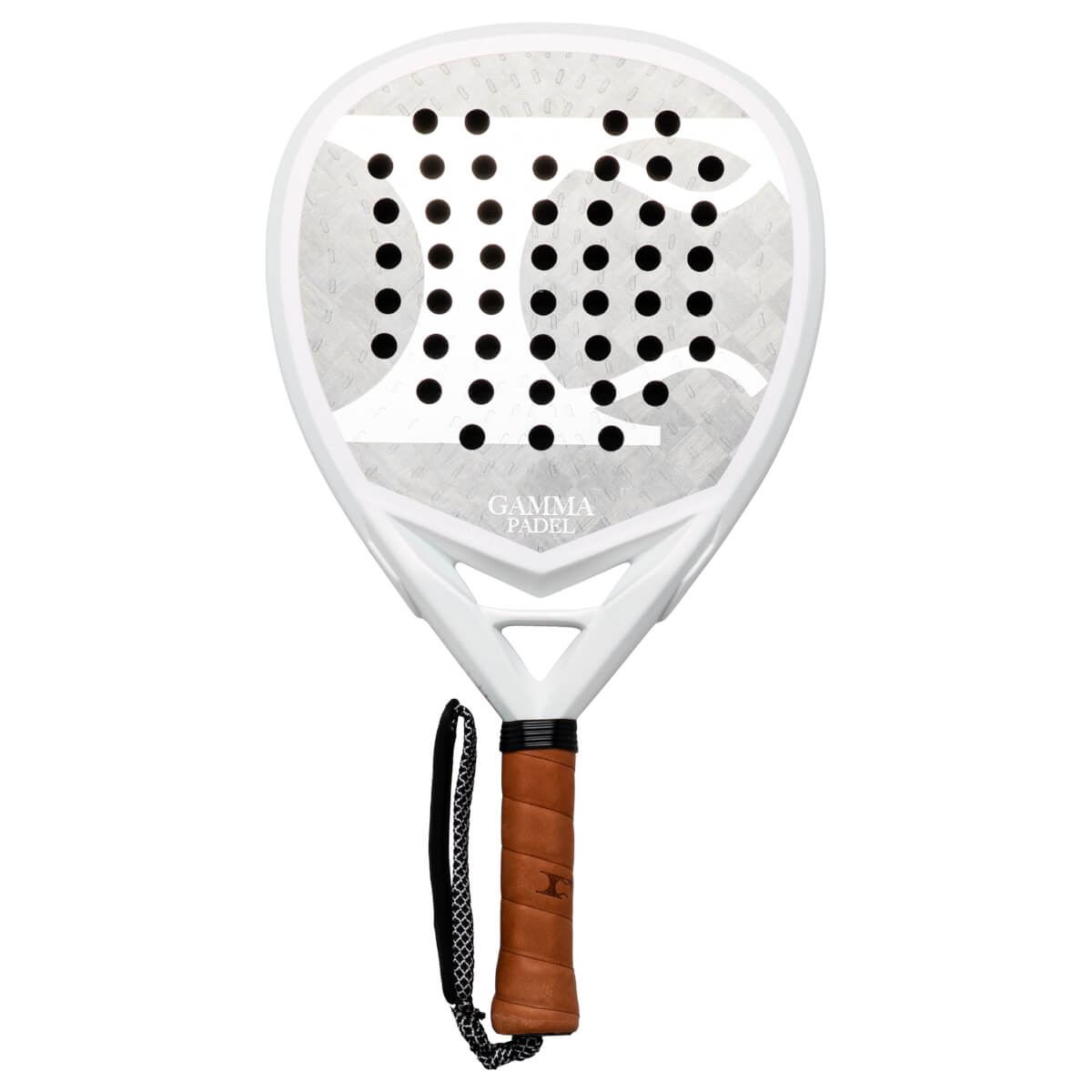 Front view of a white padel racket with black dots, a grey patterned surface, and "GAMMA PADEL" text.