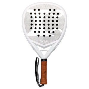Front view of a white padel racket with black dots, a grey patterned surface, and "GAMMA PADEL" text.