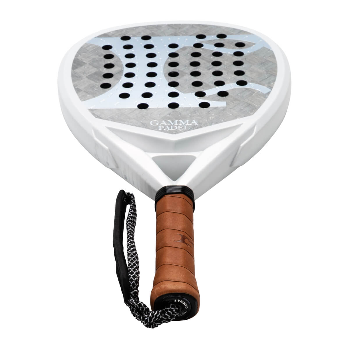 Top-down view of a white GAMMA PADEL racket with a grey patterned face and brown grip.