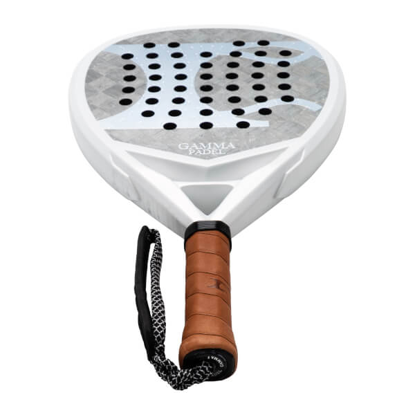 Top-down view of a white GAMMA PADEL racket with a grey patterned face and brown grip.