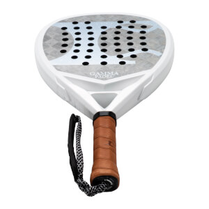 Top-down view of a white GAMMA PADEL racket with a grey patterned face and brown grip.