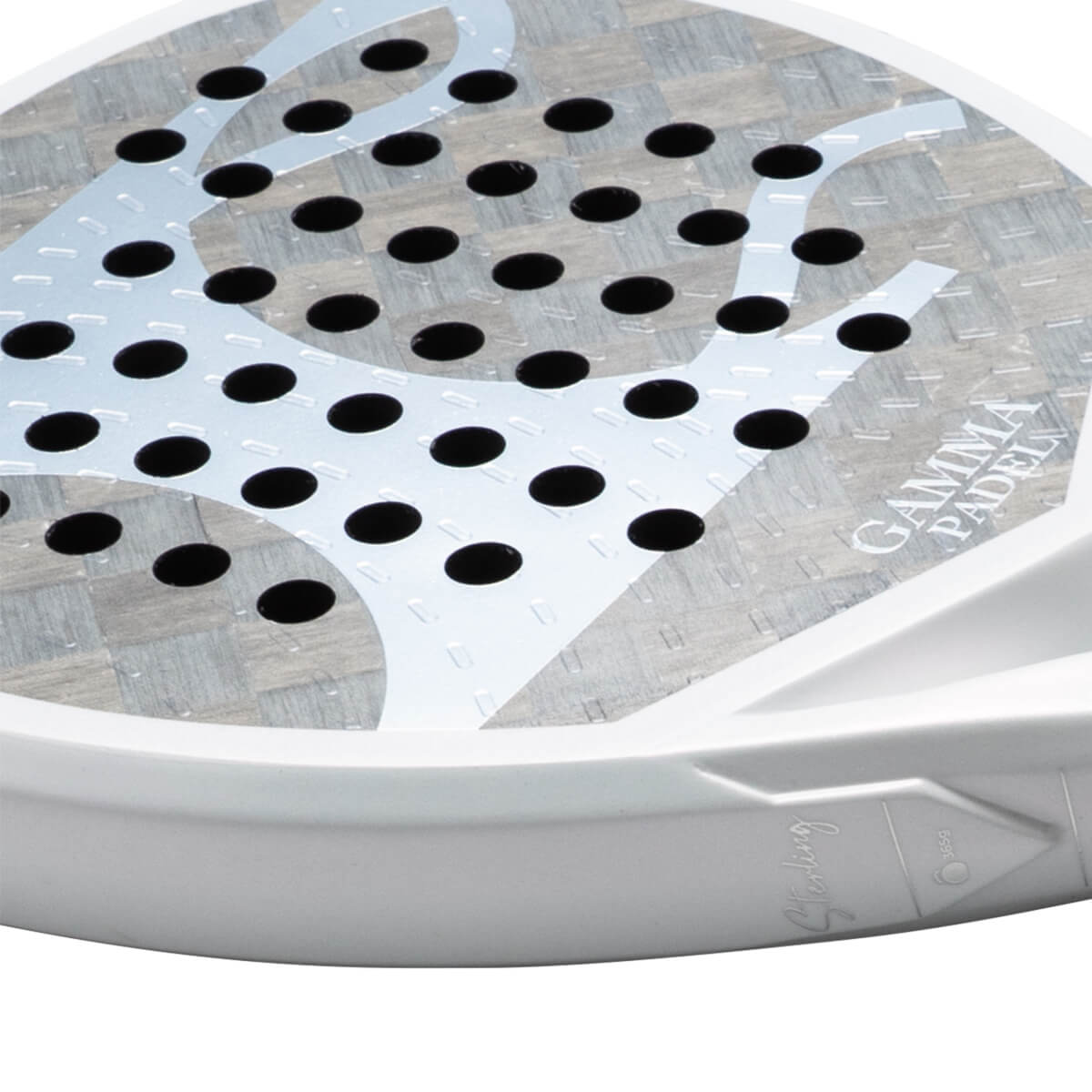 Close-up of a white padel racket face with black holes, a grey checkered pattern, and "GAMMA PADEL" text.