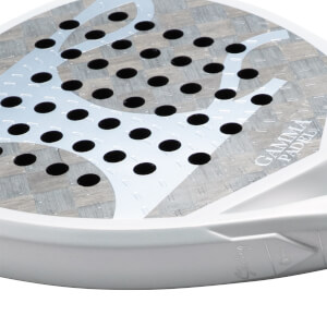 Close-up of a white padel racket face with black holes, a grey checkered pattern, and "GAMMA PADEL" text.