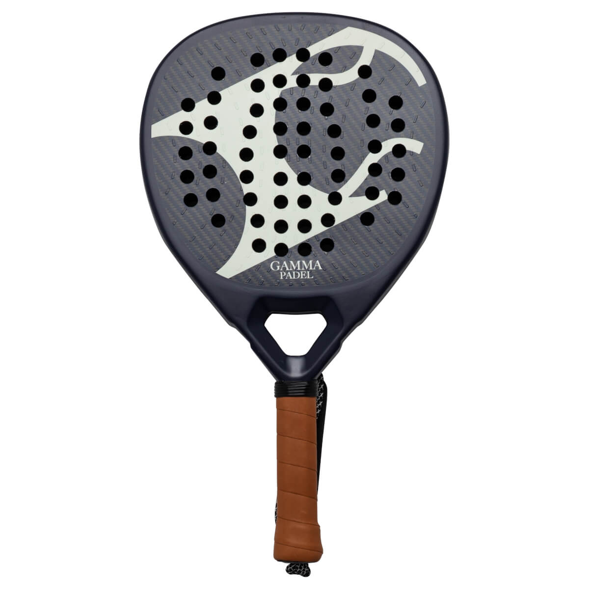 Front view of a dark blue padel racket with a white abstract design, black holes, and "GAMMA PADEL" text.