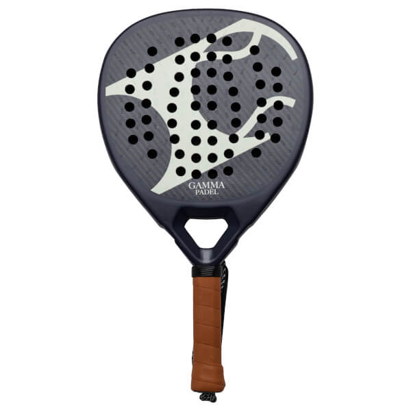 Front view of a dark blue padel racket with a white abstract design, black holes, and "GAMMA PADEL" text.