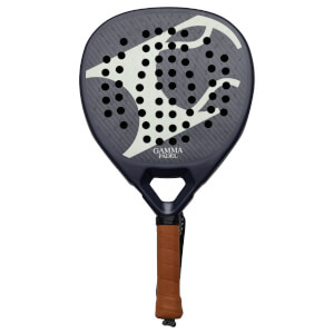 Front view of a dark blue padel racket with a white abstract design, black holes, and "GAMMA PADEL" text.