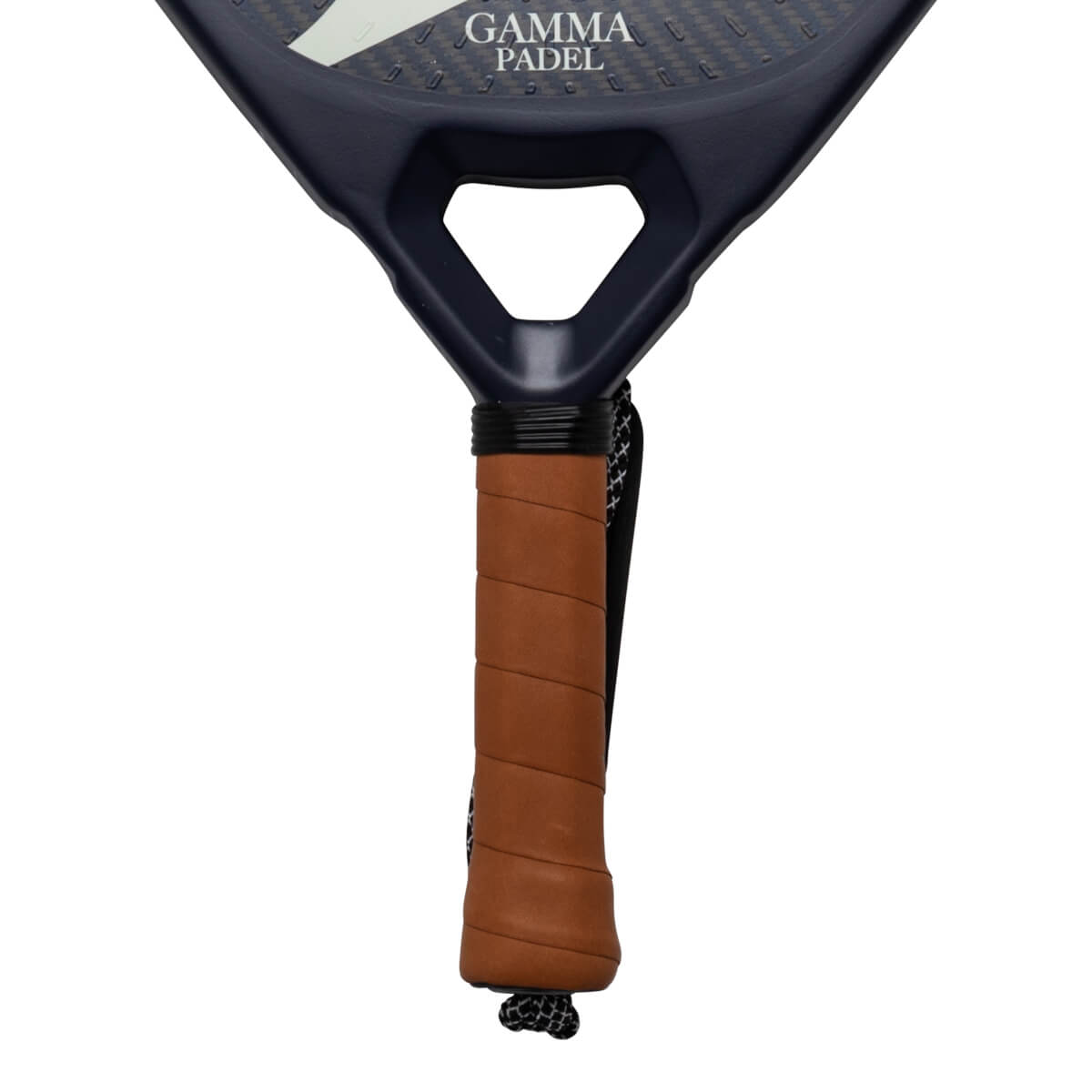 Close-up of a dark blue padel racket handle with brown grip and "GAMMA PADEL" text.