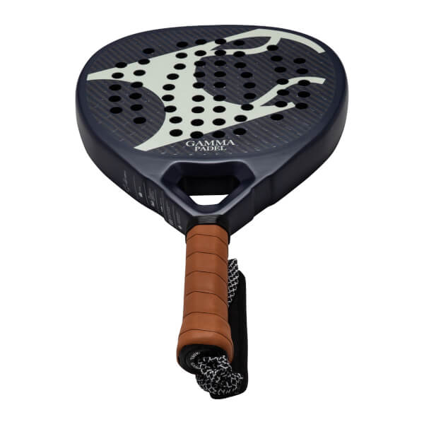 Top-down view of a dark blue padel racket with a white abstract design, circular holes, and "GAMMA PADEL" text.