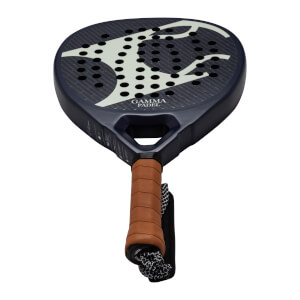 Top-down view of a dark blue padel racket with a white abstract design, circular holes, and "GAMMA PADEL" text.