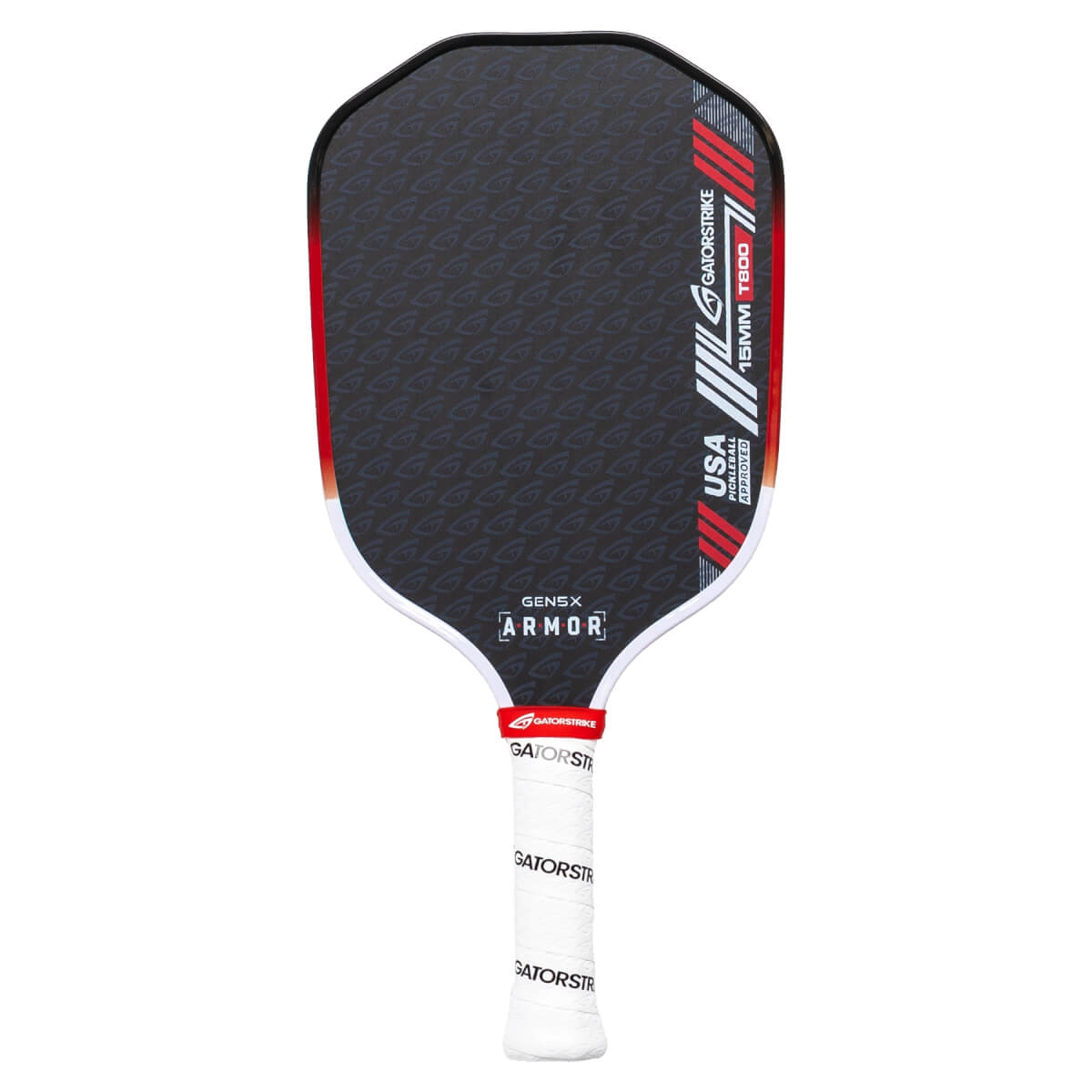 Front view of a black GatorStrike ARMOR pickleball paddle with red accents, a G pattern face, and a white grip.