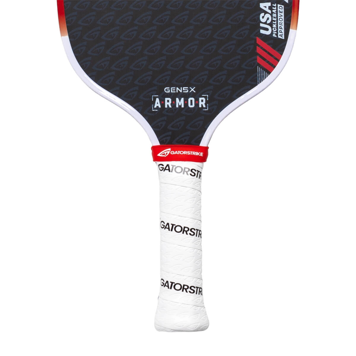 Front view of a black pickleball paddle with a white grip, GEN5X ARMOR text, and GATORSTRIKE branding.
