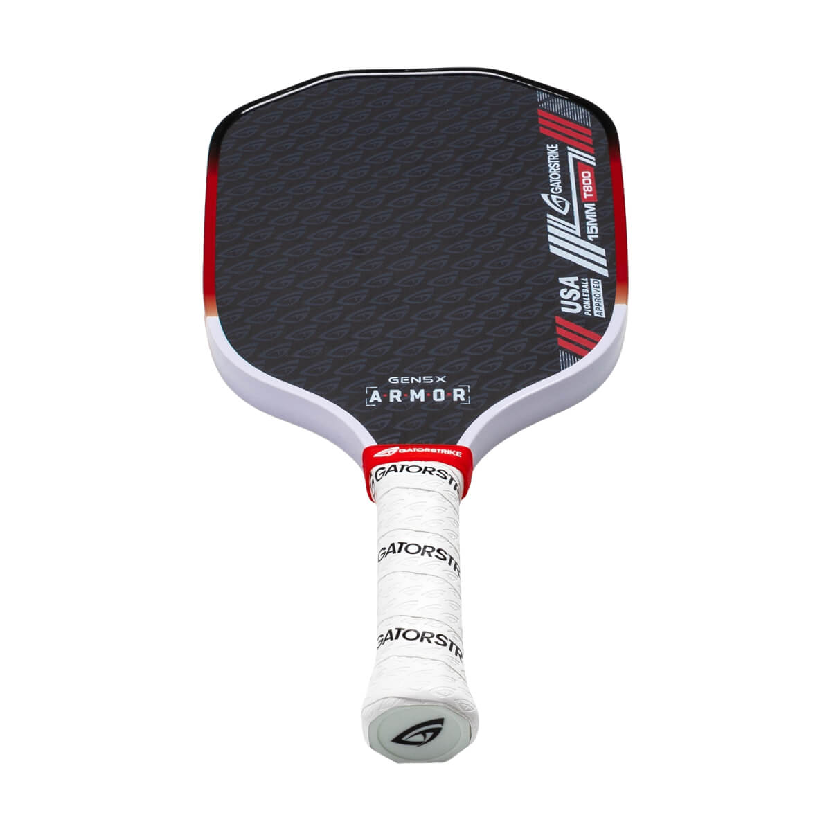 Front view of a black pickleball paddle with GEN5X ARMOR text, red/white stripe, and white GatorStrike grip.