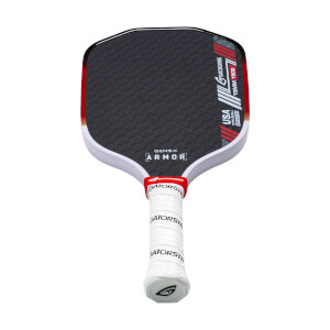 Front view of a black pickleball paddle with GEN5X ARMOR text, red/white stripe, and white GatorStrike grip.