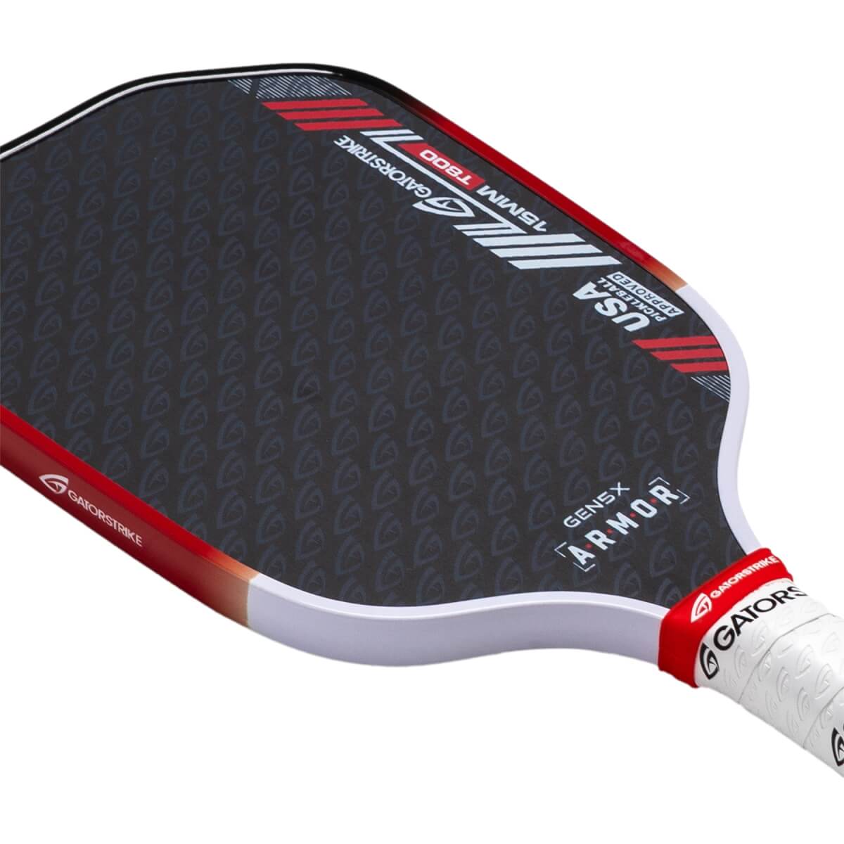 Upper angled view of a dark gray pickleball paddle with G pattern, red GatorStrike and ARMOR branding, and white grip.