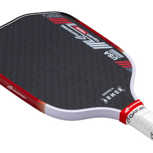 Upper angled view of a dark gray pickleball paddle with G pattern, red GatorStrike and ARMOR branding, and white grip.