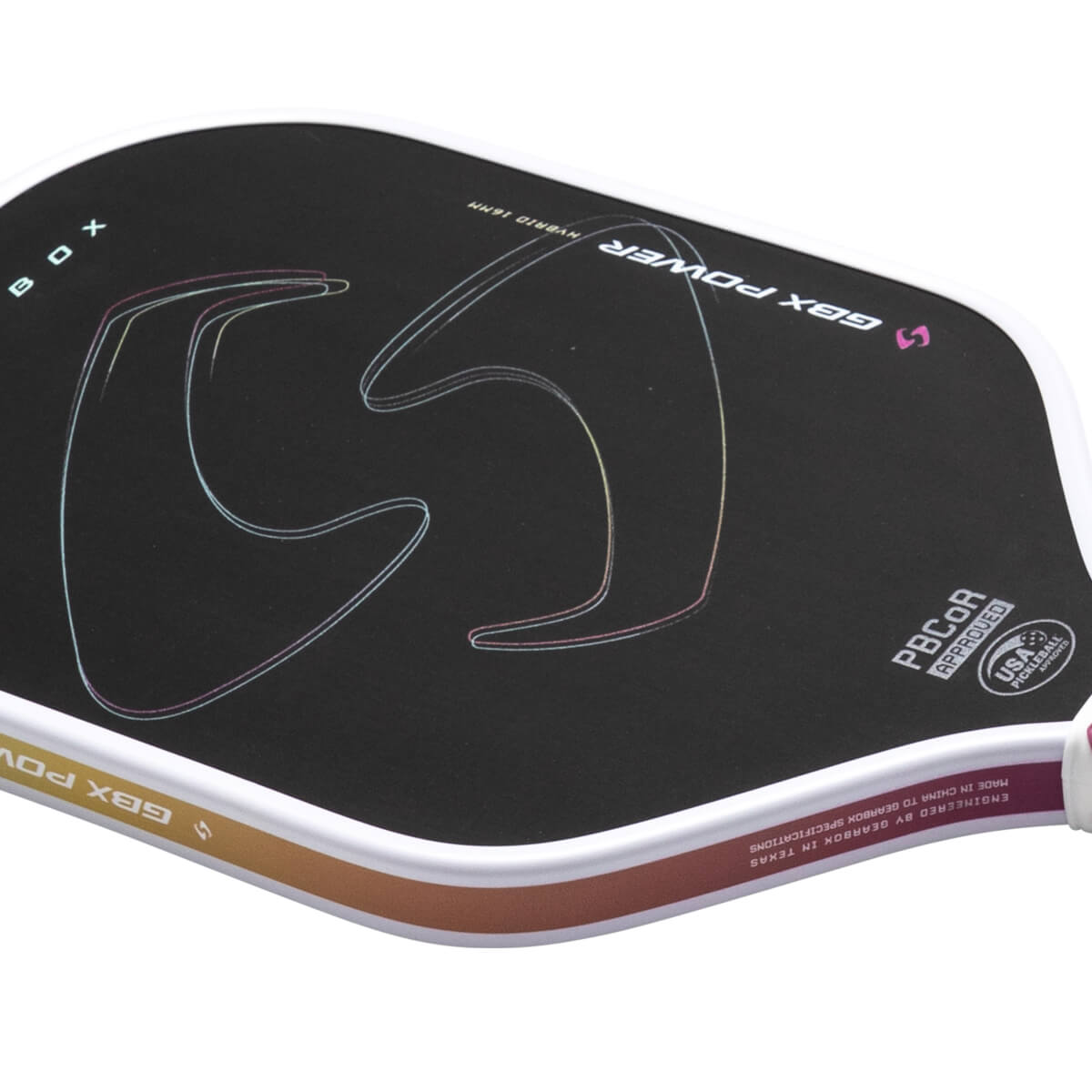Top-down view of the Gearbox GBX Power paddle showing the "GBX POWER" text, a large "S" graphic, and the "PBCORE APPROVED USA PICKLEBALL" logo.