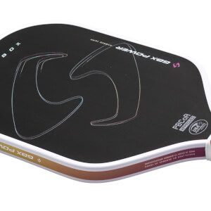 Top-down view of the Gearbox GBX Power paddle showing the "GBX POWER" text, a large "S" graphic, and the "PBCORE APPROVED USA PICKLEBALL" logo.