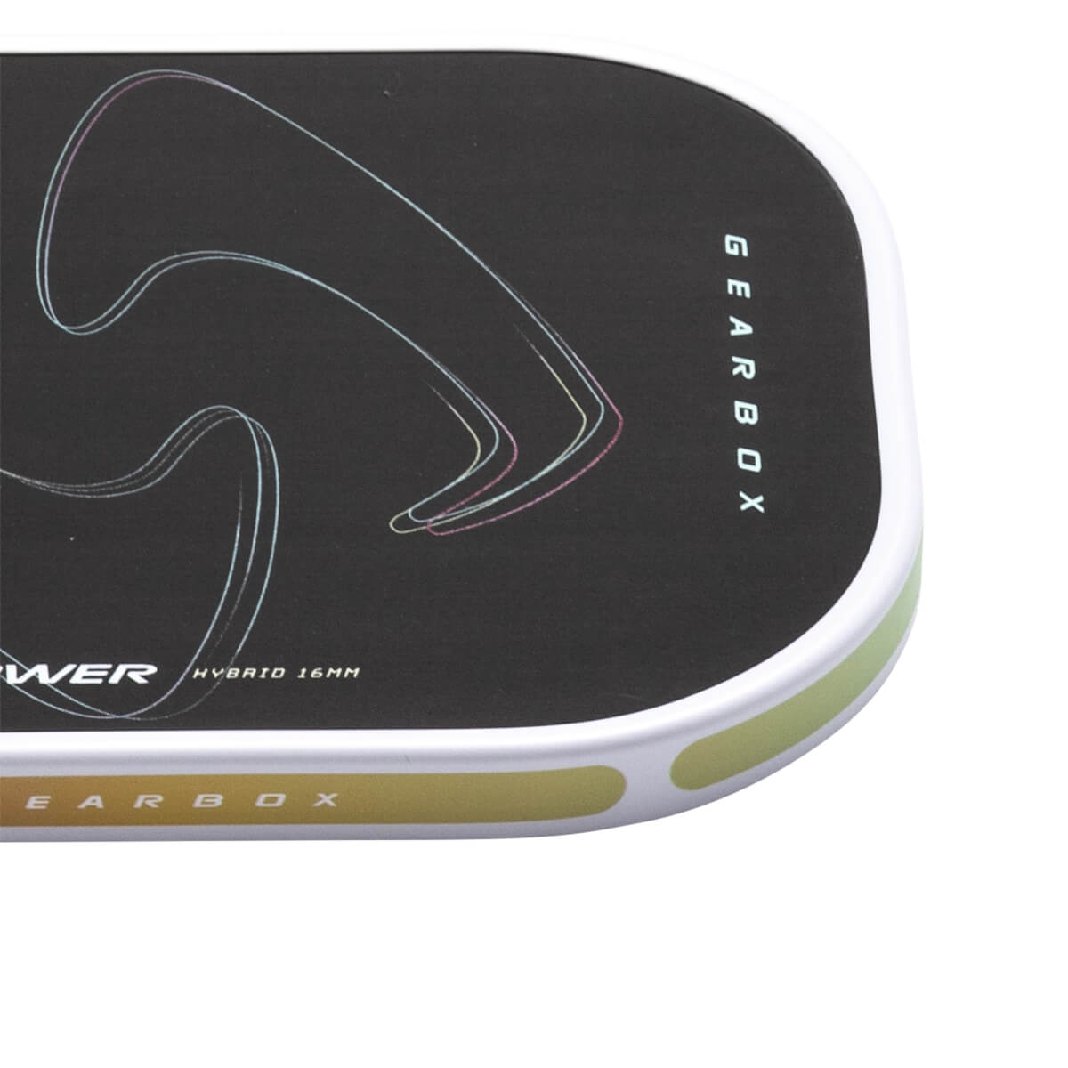 Corner view of a black Gearbox pickleball paddle with "POWER HYBRID 16MM" and "GEARBOX" text.