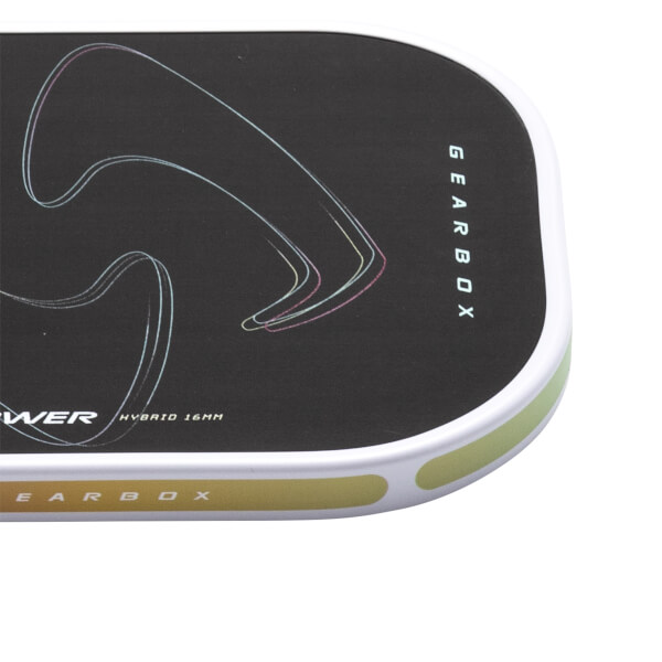 Corner view of a black Gearbox pickleball paddle with "POWER HYBRID 16MM" and "GEARBOX" text.