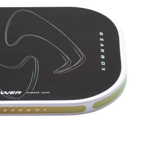 Corner view of a black Gearbox pickleball paddle with "POWER HYBRID 16MM" and "GEARBOX" text.