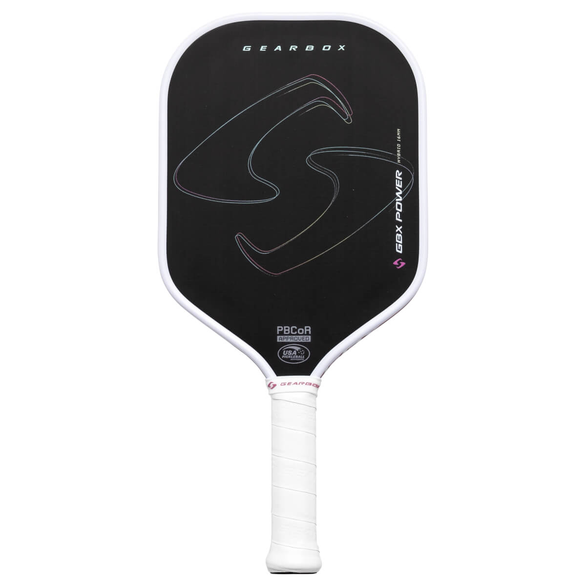 Front view of a black pickleball paddle with a large S logo, GBX POWER text, and a white grip.