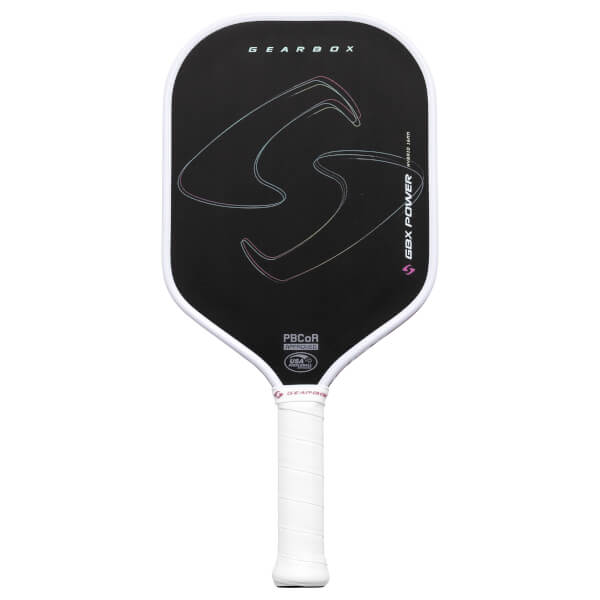 Front view of a black pickleball paddle with a large S logo, GBX POWER text, and a white grip.