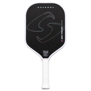 Front view of a black pickleball paddle with a large S logo, GBX POWER text, and a white grip.