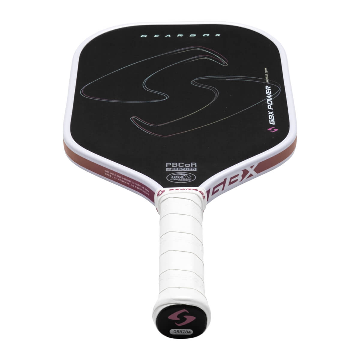 Top-down view of a Gearbox GBX Power Hybrid Carbon Fiber Pickleball Paddle with a white grip and black face featuring a large "S" logo.
