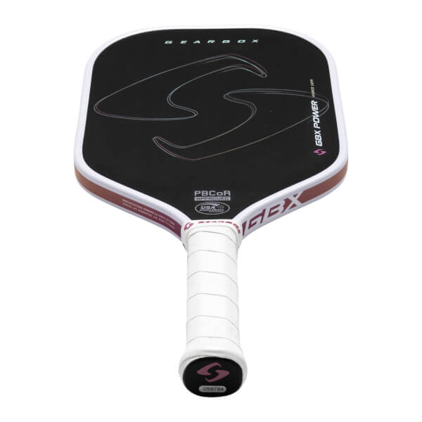 Top-down view of a Gearbox GBX Power Hybrid Carbon Fiber Pickleball Paddle with a white grip and black face featuring a large "S" logo.