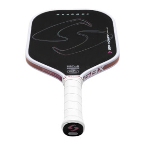 Top-down view of a Gearbox GBX Power Hybrid Carbon Fiber Pickleball Paddle with a white grip and black face featuring a large "S" logo.