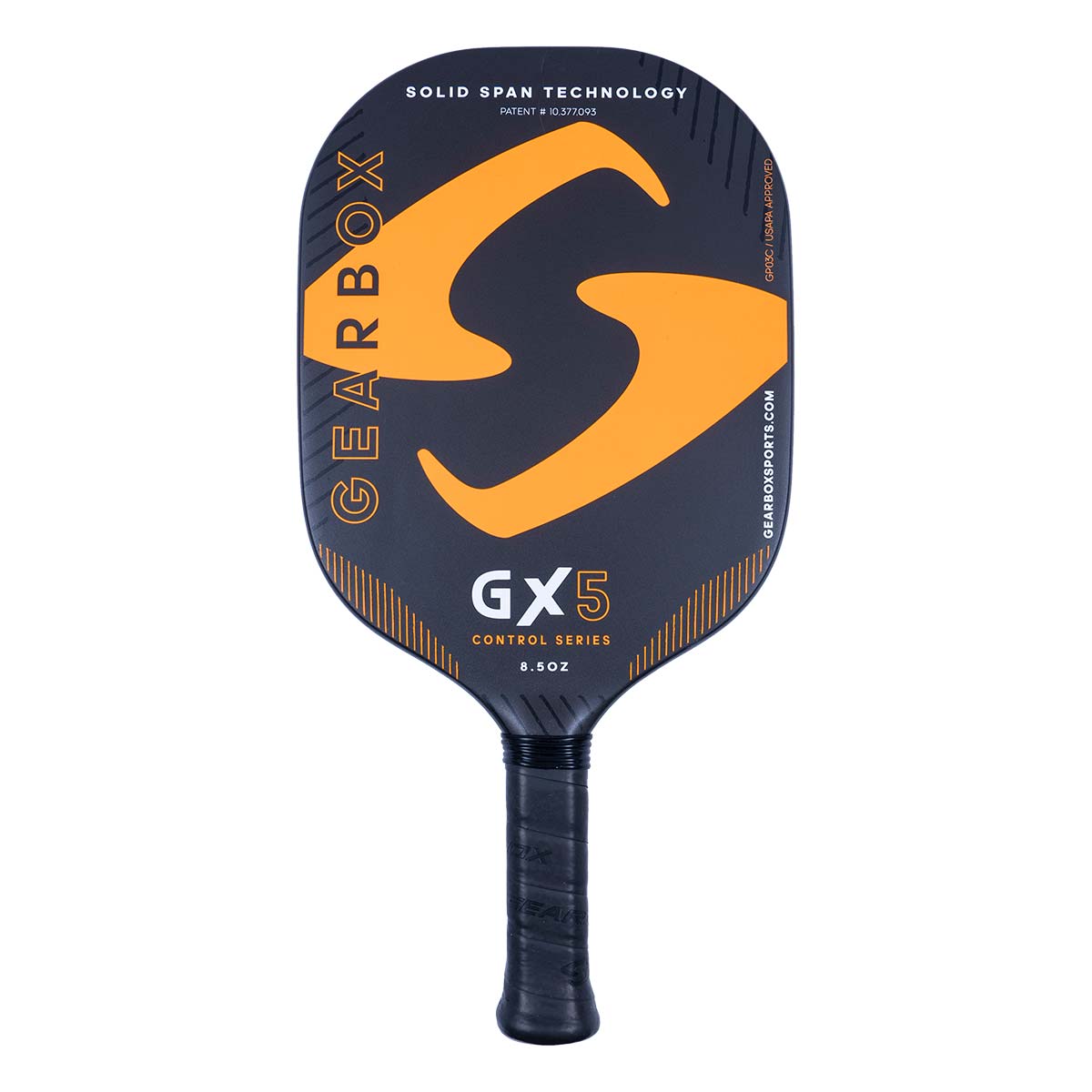 Front view of a black pickleball paddle with orange Gearbox logo, GX5 branding, and Solid Span Technology.