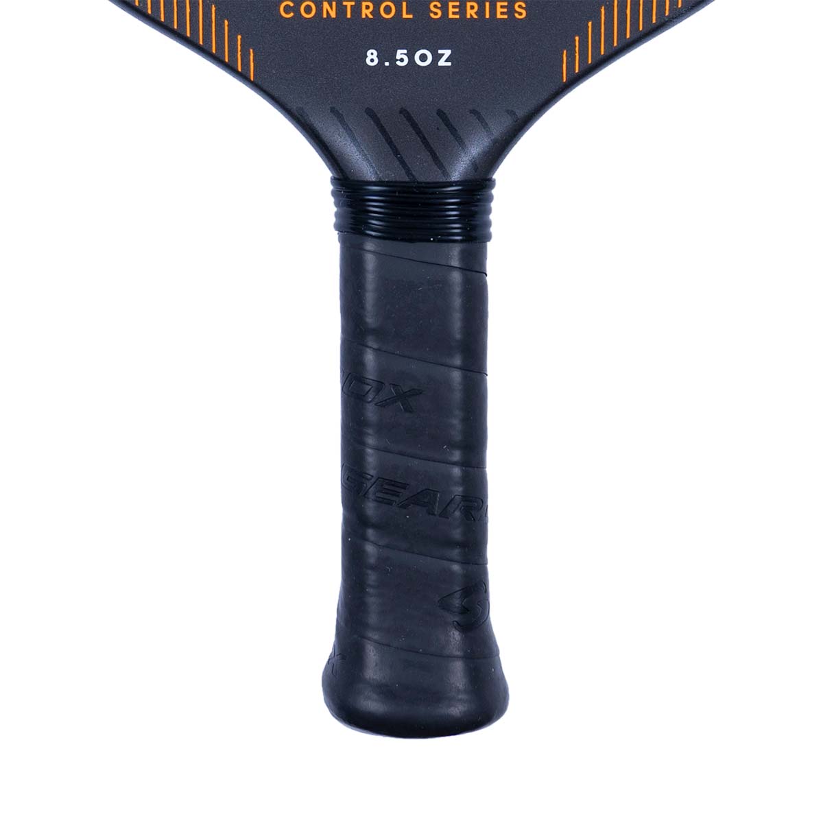 Close-up of a black pickleball paddle handle with GEARBOX branding and 8.5OZ text.