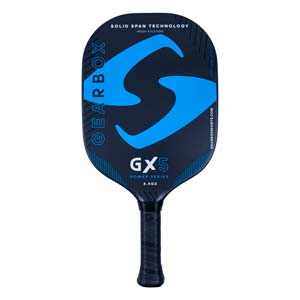 Front view of a dark blue pickleball paddle with a large blue S logo, GX5 POWER SERIES, and 8.5OZ text.