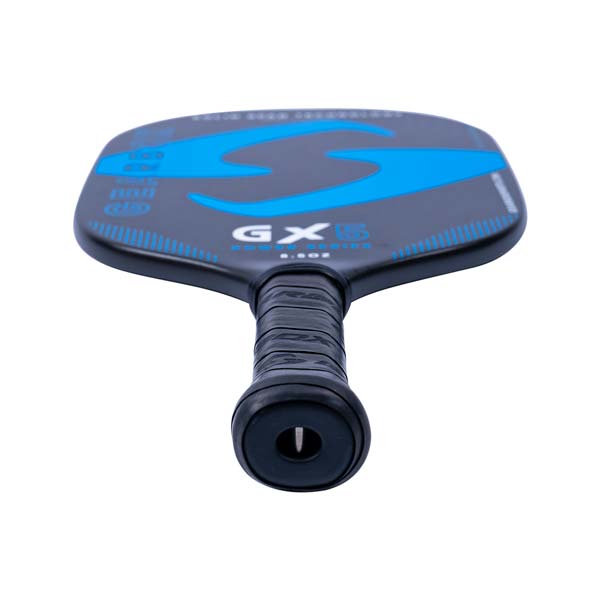 Top-down view of a black pickleball paddle with blue GX5 branding and a textured grip.