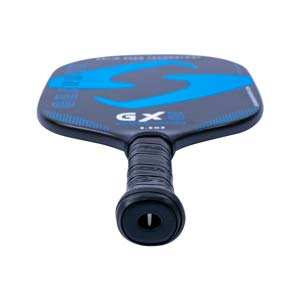 Top-down view of a black pickleball paddle with blue GX5 branding and a textured grip.