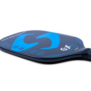 Side view of a dark blue pickleball paddle with a large blue S logo, GEARBOX, GX5, and POWER SERIES text.