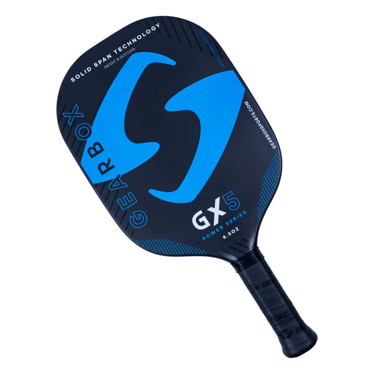 Top-down view of a dark blue Gearbox GX5 pickleball paddle with a large blue S logo and SOLID SPAN TECHNOLOGY text.
