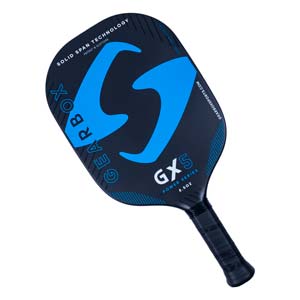 Top-down view of a dark blue Gearbox GX5 pickleball paddle with a large blue S logo and SOLID SPAN TECHNOLOGY text.