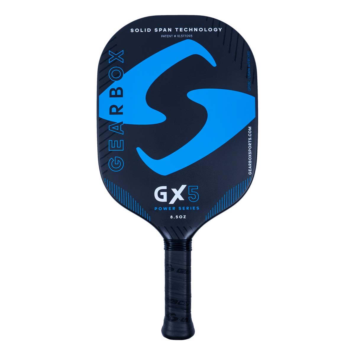 Front view of a navy pickleball paddle with a blue S logo, GX5 POWER SERIES, and 8.5OZ.