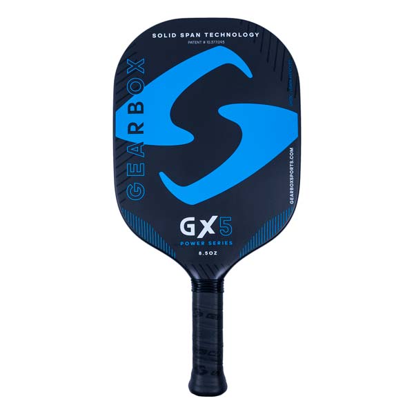 Front view of a navy pickleball paddle with a blue S logo, GX5 POWER SERIES, and 8.5OZ.