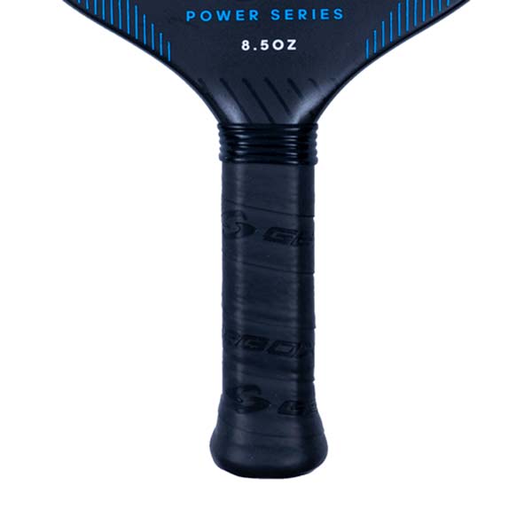 Close-up of a black pickleball paddle grip with repeating Gearbox logo and POWER SERIES 8.5OZ text.