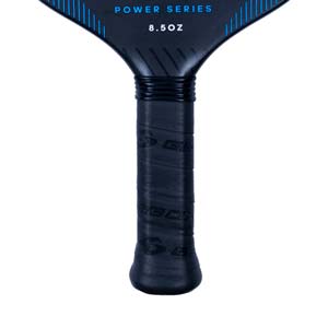Close-up of a black pickleball paddle grip with repeating Gearbox logo and POWER SERIES 8.5OZ text.