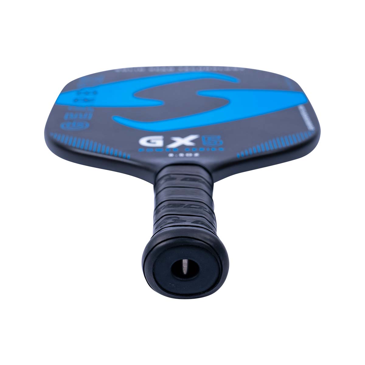 Top-down view of a black pickleball paddle with blue GX5 branding and a textured grip.