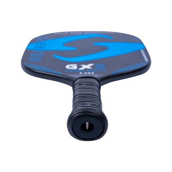 Top-down view of a black pickleball paddle with blue GX5 branding and a textured grip.