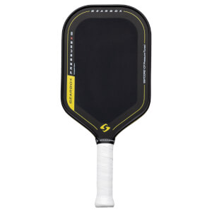 Front view of a black Gearbox pickleball paddle with yellow trim, "PRESSURE-X" text, and a white grip.